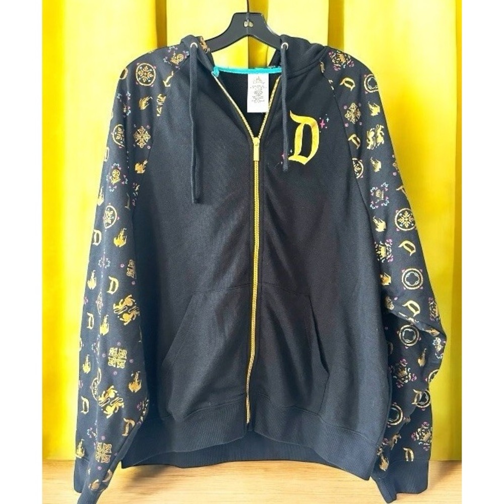 Disney Cinderella Zip Up Hoodie Large Black Gold Foil Disneyland RARE Gold Black